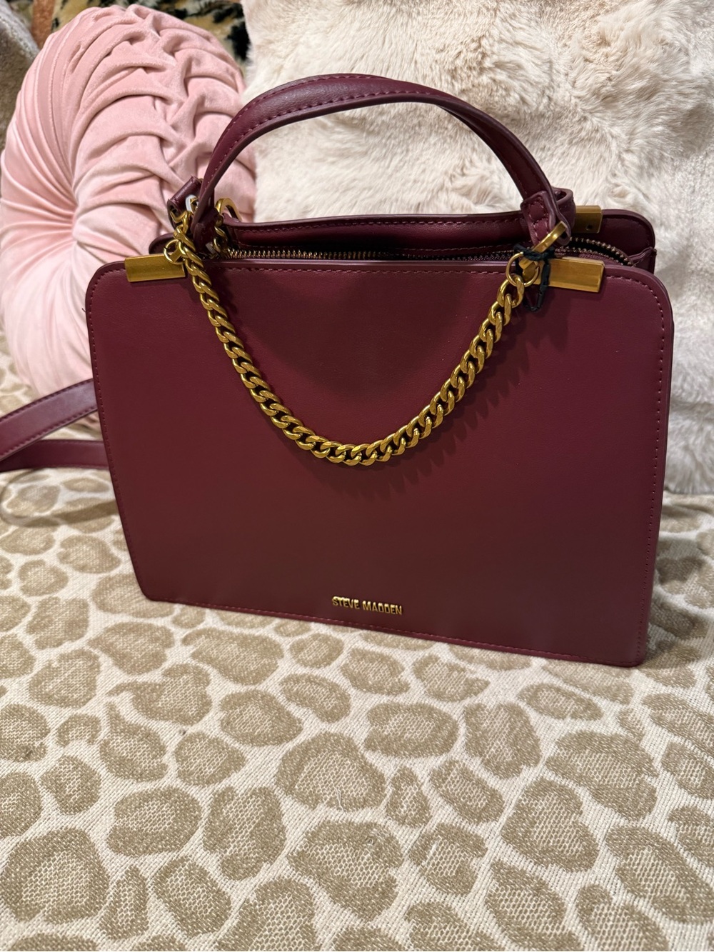 Steve Madden Wine Red Structured Satchel with Gold Chain Accent